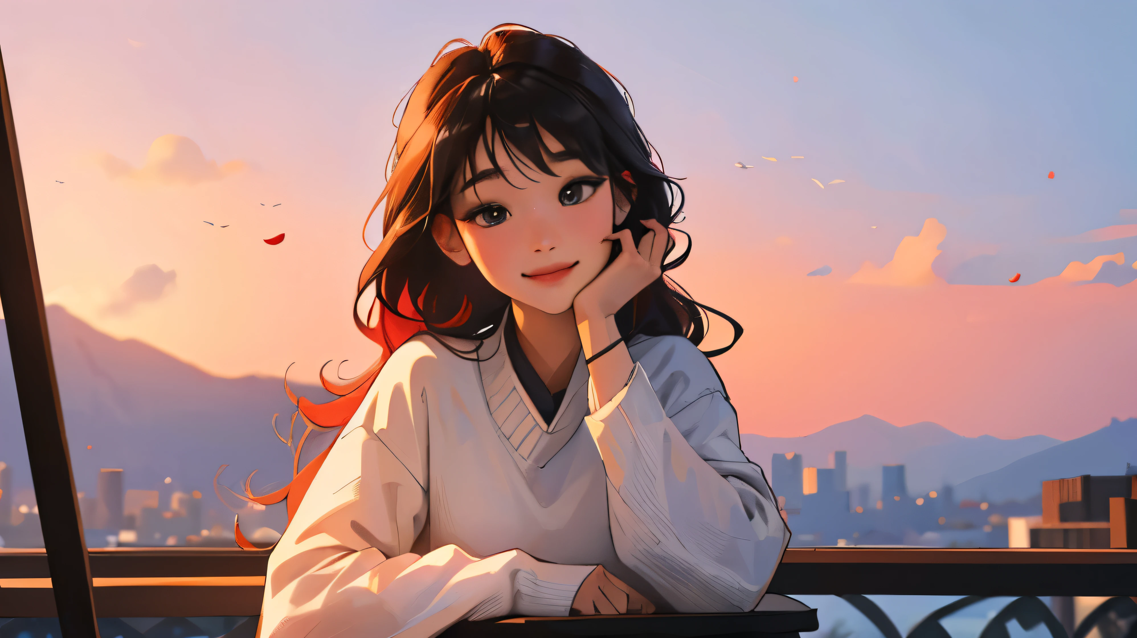 ((masterpiece)),(((best quality))),((Extremely detailed)) Realistically, 1 girl, Korean woman, beautiful, sit on the chair, Wearing a sweater, beautiful sunrice, Solitary,  The sky turns red in the morning, Smiling, Expecting audience, White Rose, outdoor.