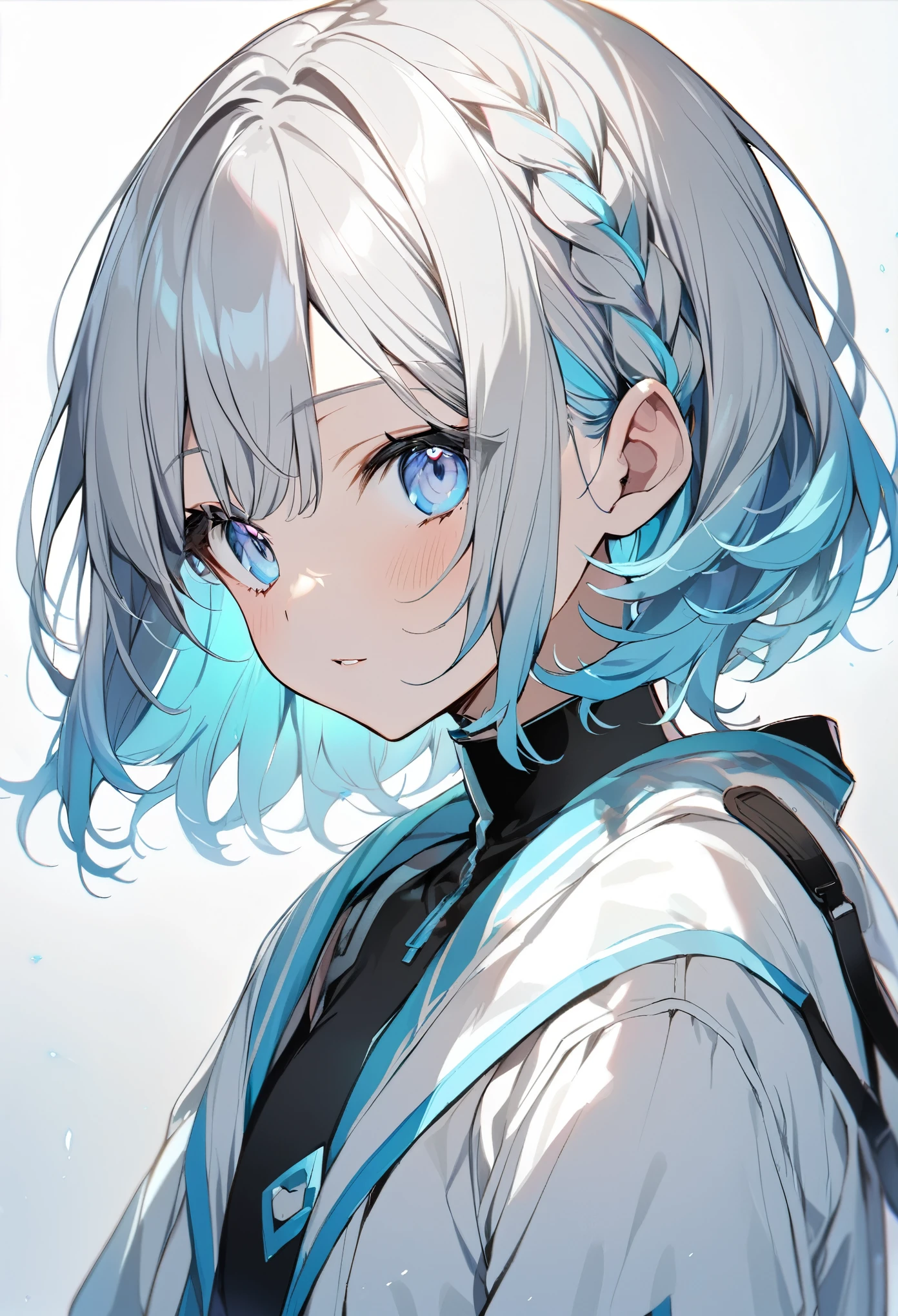 1 girl、(Medium Short Hair、Short braided hair), bright light blue eyes,Light grey hair with light blue tips and inner color,
