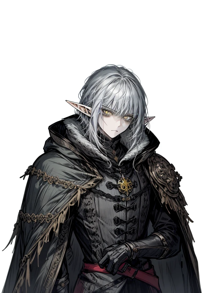 1boy, elf , silver hair, yellow eyes, warlock, necromancer, nice clothes, (high resolution, high detail, best quality) , serious