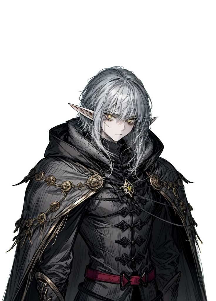 1boy, elf , silver hair, yellow eyes, warlock, necromancer, nice clothes, (high resolution, high detail, best quality) , serious