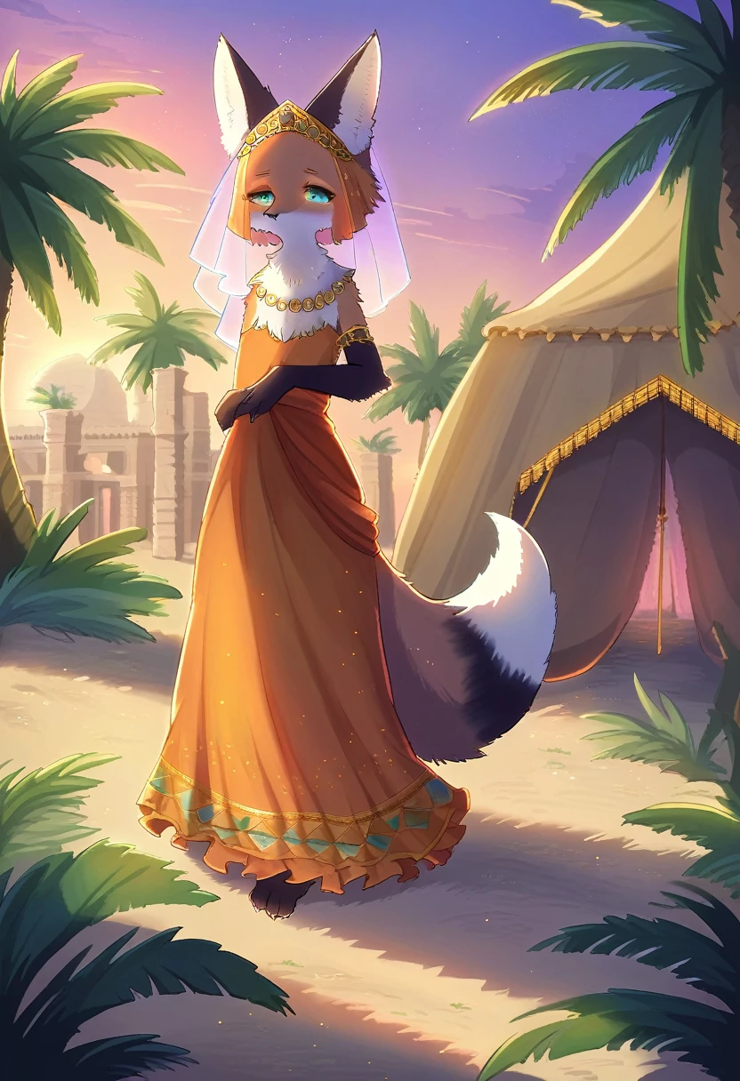 ((Masterpiece)), ((Best Quality)), (Very Detailed), ((Very Detailed)), 4K, (8K), very aesthetic, absurdres highres, 1girl, (anthropomorphic fox, furry, kemono:1.8), Princess of the desert country, Princess, desert, red dress, embroidery, tiara, jewelry, starry sky, dune, oasis, palm tree, adventure pose, energetic movement, sand reflection, star shine, hawk, sandstorm, desert serpent, full moon, ancient times ruins, silk texture, arm bracelet, ankle bracelet