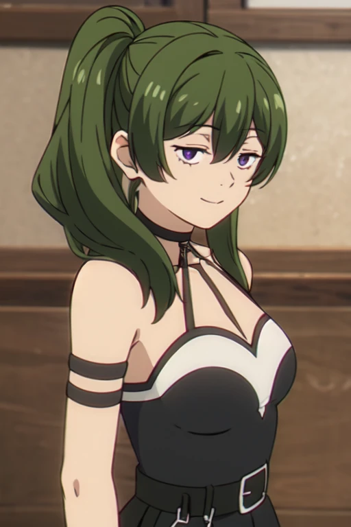 ((Best quality))),((Ultra-detailed)),((illustration)),((Disheveled hair)),((frilld)),(1 girl),(Solo),
1girl, bangs, bare shoulders, belt, belt buckle, black belt, black choker, black dress, black gloves, breasts, buckle, choker, cleavage, closed mouth, dress, elbow gloves, eyebrows visible through hair, gloves, green hair, hair between eyes, looking at viewer, medium breasts, medium hair, purple eyes, sleeveless, smile, solo,Right side ponytail,