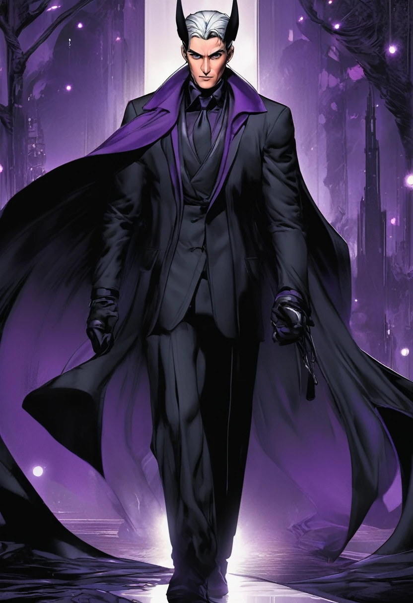 Villain character 30-year-old MAN, rough face, serious, with a slight smile on his face, dim eyes, shading in eyes and dark circles, silver gray hair with a ponytail and a bob that covers the right half of her face, hiding your eye. Wear a villain suit, with cape. pointy ears. Wears a headband on his chest. The suit is black with dark purple trim.. threatening expression. Dark ornaments.
