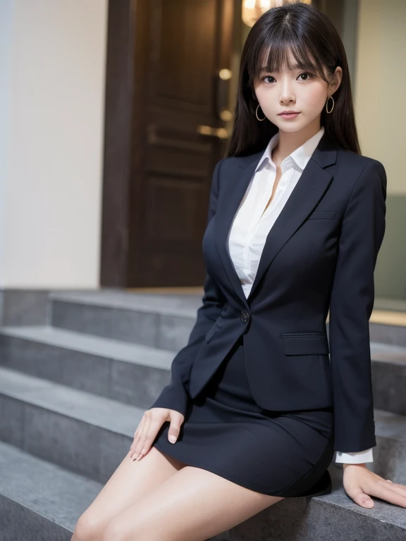 The most beautiful actresses in the world, she is a 19 year old woman, Perfect body proportions for this girl in a tight skirt suit, The only exposed skin on this woman is below the crotch, The blazer is worn over a formal shirt that exposes her large breasts., Only 1cm of her crotch is visible under her short skirt, Her bare thighs, Her bare knees, Under her shins、It&#39;s outside the frame of this photo, Her head is just below this frame., Her whole body is facing directly towards the viewer, Standing on the shore of a lake, Browsing Caution, Highest quality, Very detailed, masterpiece, Ultra-high resolution, Photo Real, 8K, RAW Photos、smile、