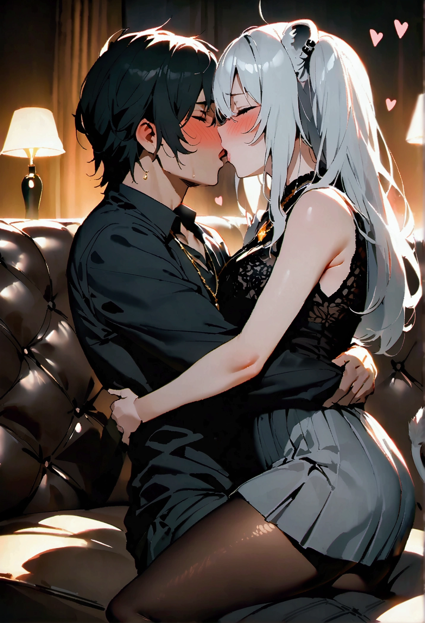 NSFW,masterpiece,Highest quality,High resolution,Super detailed,Shishirabotan\(Hololive\),Long Hair、Two Side Up、Earrings、Lion's Tail,necklace、Black Shirt、Sleeveless shirt、abdomen、See-through、Grey Skirt、片足pantyhose、pantyhose、Off the shoulder,Black sexy panties,Embarrassed,blush,(In heat),Luxurious Room,pub,Private room,sofa,(Drunk),(Intoxication),heart,Sexy pose,Panty shot,(Middle-aged men),(A man puts his hands on her waist and hugs her),to kiss,From the side,(Face-to-face sitting position)