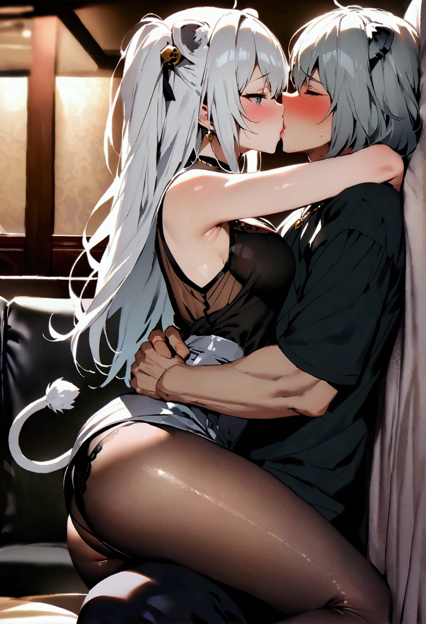 NSFW,masterpiece,Highest quality,High resolution,Super detailed,Shishirabotan\(Hololive\),Long Hair、Two Side Up、Earrings、Lion&#39;s Tail,necklace、Black Shirt、Sleeveless shirt、abdomen、See-through、Grey Skirt、片足pantyhose、pantyhose、Off the shoulder,Black sexy panties,Embarrassed,blush,(In heat),Luxurious Room,pub,Private room,sofa,(Drunk),(Intoxication),heart,Sexy pose,Panty shot,(Middle-aged men),(A man puts his hands on her waist and hugs her),to kiss,From the side,(Face-to-face sitting position)