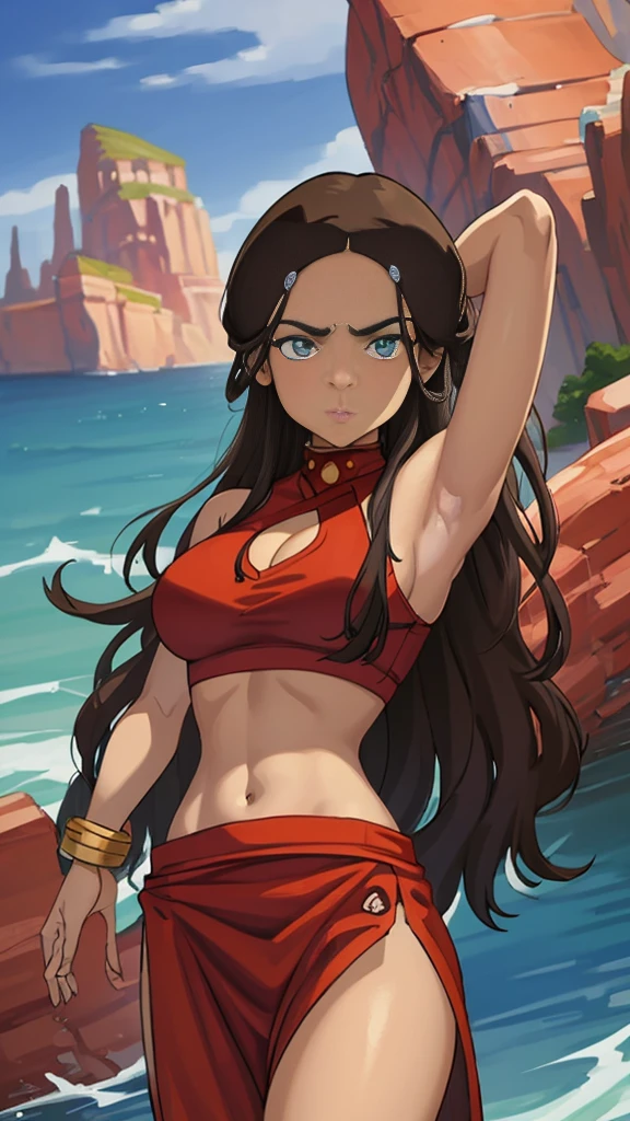 masterpiece, best quality, highres, highest quality, absurdres, kataras3, dark skin, traditional media, (painting \(medium\)), bracelet, long hair, brown hair, crop top, midriff, navel, sharp expressive eyes, perfect face, wide hips, thick lineart, atmospheric lighting, smooth, beautifully detailed riverbank background, cinematic composition, Joe Madureira, red clothing,