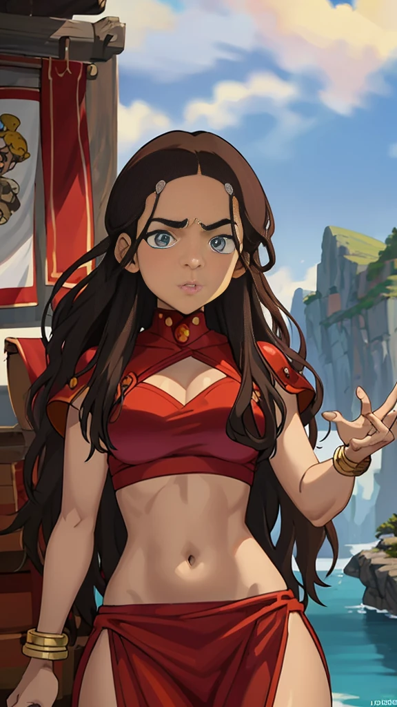 masterpiece, best quality, highres, highest quality, absurdres, kataras3, dark skin, traditional media, (painting \(medium\)), bracelet, long hair, brown hair, crop top, midriff, navel, sharp expressive eyes, perfect face, wide hips, thick lineart, atmospheric lighting, smooth, beautifully detailed riverbank background, cinematic composition, Joe Madureira, red clothing,