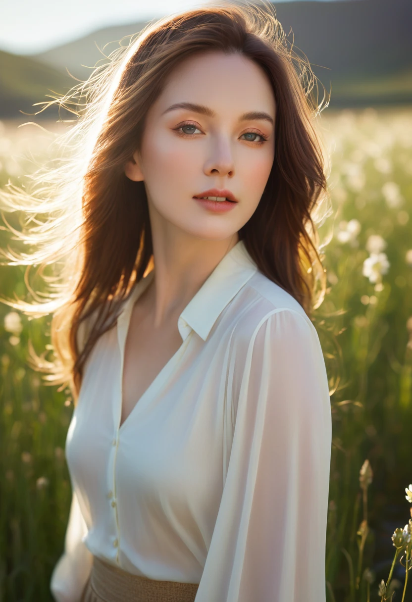 Portrait of a lovely woman in a bright windy field, river, (Backlight), Practical, masterpiece, best quality, lens flare, In the shade, bloom, [[Chromatic Aberration]], author：Jeremy Lipking, author Antonio J. Manzanedo, number, Style-GlassFinal, Natural skin texture
