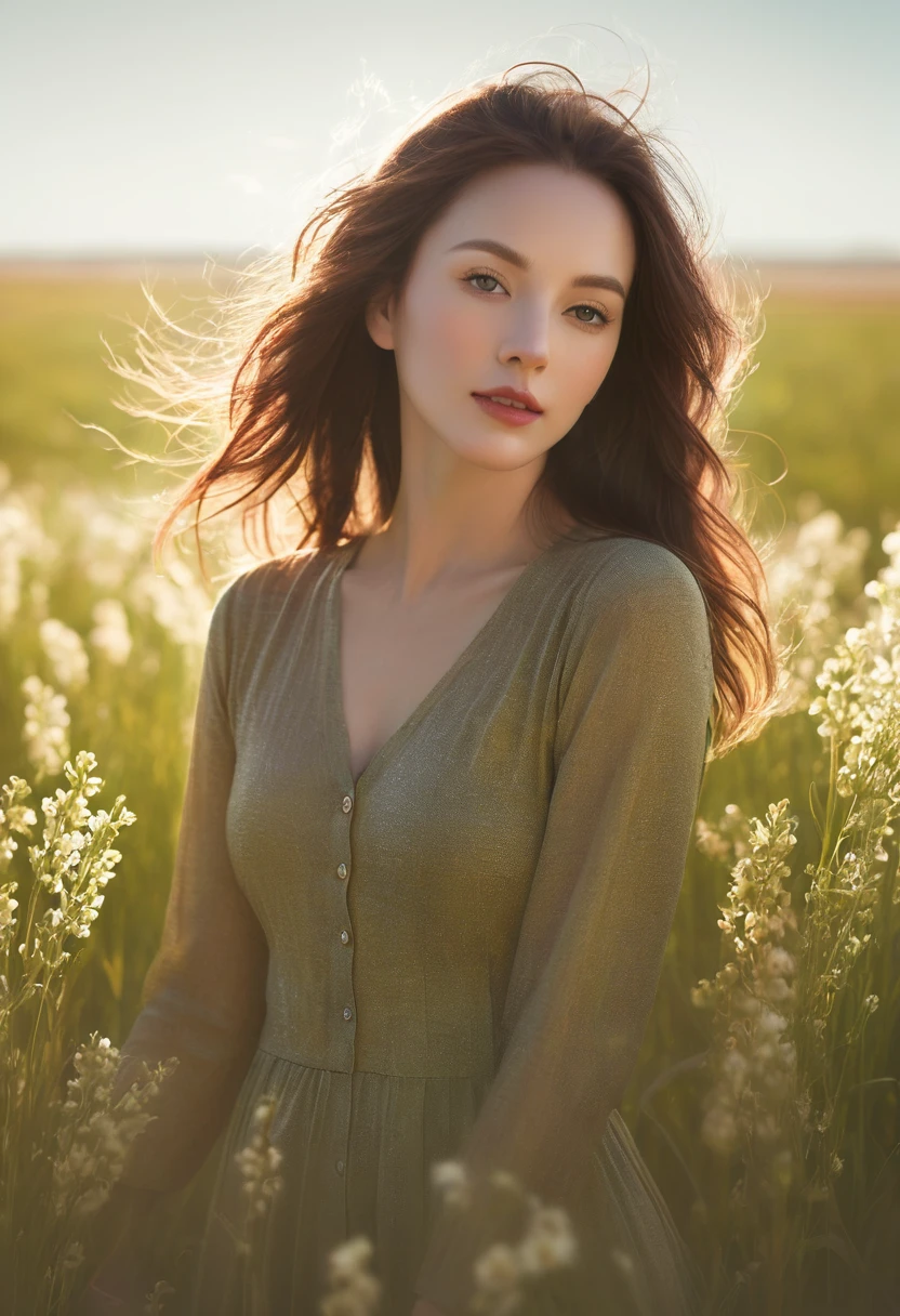 Portrait of a lovely woman in a bright windy field, river, (Backlight), Practical, masterpiece, best quality, lens flare, In the shade, bloom, [[Chromatic Aberration]], author：Jeremy Lipking, author Antonio J. Manzanedo, number, Style-GlassFinal, Natural skin texture
