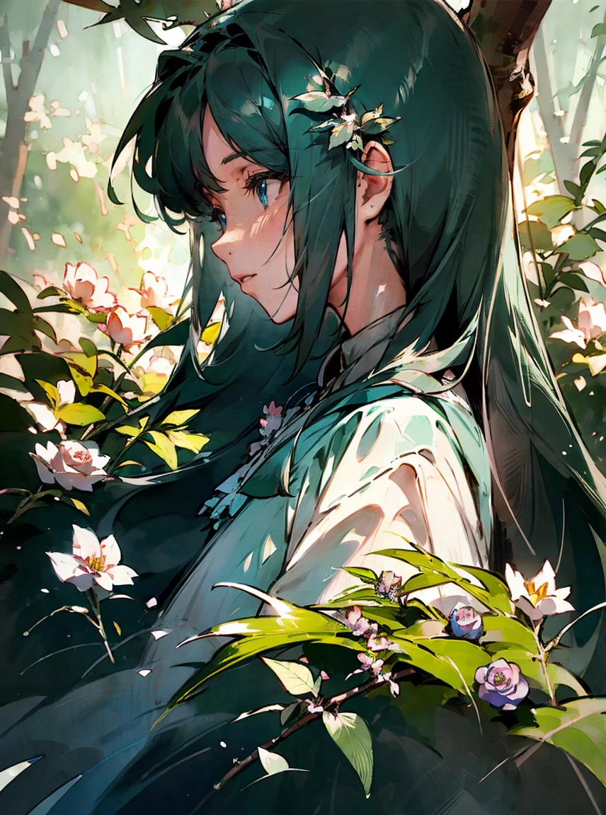 become green ,Trees , plants ,Light blue sky, milky, rose, Flowers, imaginary, Picturesque, event, Very detailed, forest, flowers, herbs