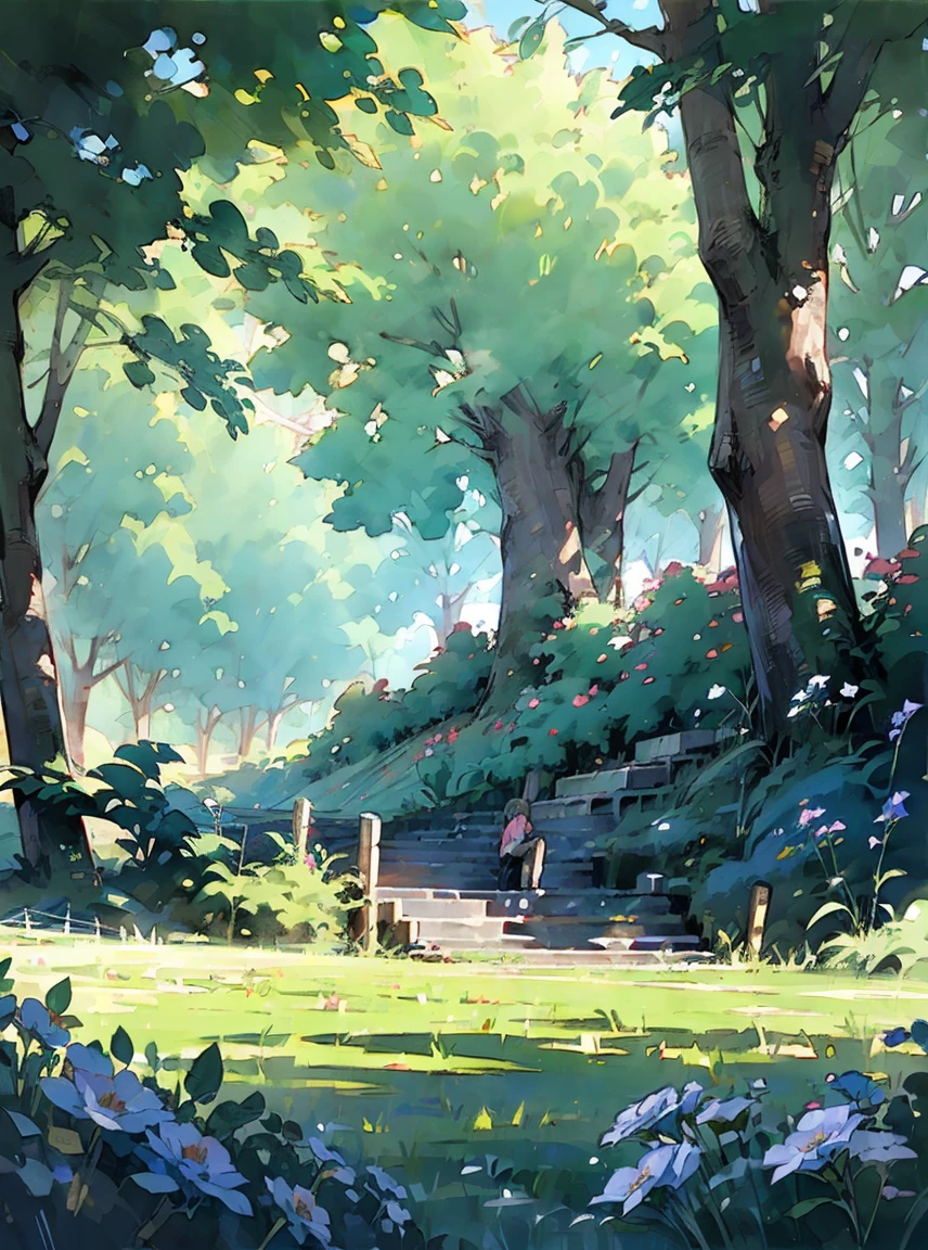 become green ,Trees , plants ,Light blue sky, milky, rose, Flowers, imaginary, Picturesque, event, Very detailed, forest, flowers, herbs