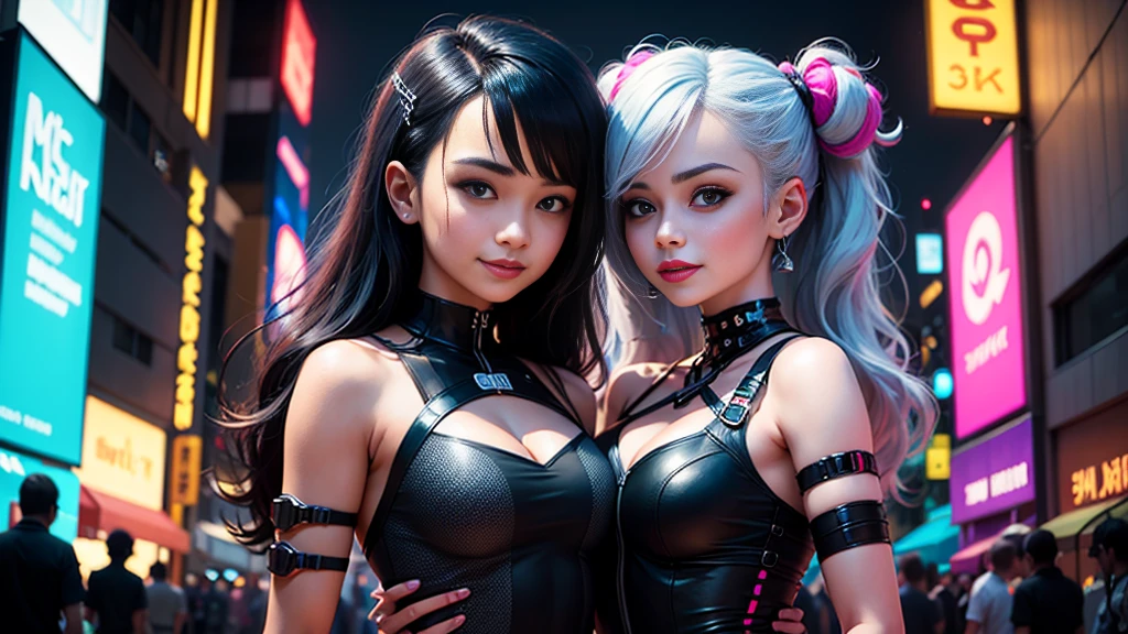 masterpiece, best quality, 2 ((smiling)) cyberpunk girls standing together, Harajuku-inspired cyberpunk body harness, bold colors and patterns, eye-catching accessories, trendy and innovative hairstyle, dazzling Cyberpunk cityscape, skyscrapers, glowing neon signs, LED lights, anime illustration, detailed skin texture, detailed cloth texture, beautiful detailed face, intricate details, ultra detailed, cinematic lighting, strong contrast.