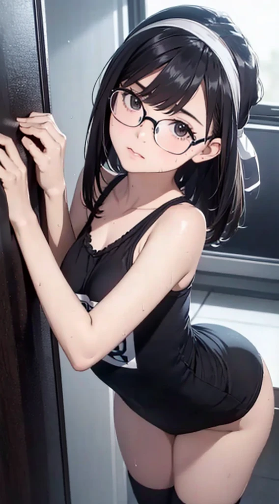 (masterpiece, Highest quality, It captures a very cute moment, Depth of written boundary, Super detailed, Ultra-high resolution, C4D, Octadale, 3D Modeling,Realistic human photos、 8K, 16K, One Girl,, Small breasts,Black Hair,short hair,Straight Hair,Light brown eyes,White headband,Wearing black glasses,Cute face), Bloomers, Black tank top, zettai ryouiki, Wet clothes,Classroom Nights,Moonlight, Good elevator, Take off、Real-life skin、Not an anime、Realistic、Not an illustration