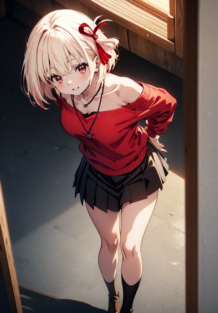 Chisato Nishikigi, short hair, bangs, Blonde, (Red eyes:1.5), hair ribbon, One side up, Bobcut,happy smile, smile, Open your mouth,Heart-shaped necklace,Bare neck,Bare shoulders,bare clavicle,Red one-shoulder sweater,mini skirt,Black pantyhose,short boots,Walking,whole bodyがイラストに入るように,Daytime,Clear skies,
break indoors,School,canteen,
break looking at viewer, whole body,
break (masterpiece:1.2), Highest quality, High resolution, unity 8k wallpaper, (figure:0.8), (Beautiful attention to detail:1.6), Highly detailed face, Perfect lighting, Highly detailed CG, (Perfect hands, Perfect Anatomy),