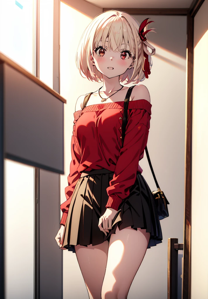 Chisato Nishikigi, short hair, bangs, Blonde, (Red eyes:1.5), hair ribbon, One side up, Bobcut,happy smile, smile, Open your mouth,Heart-shaped necklace,Bare neck,Bare shoulders,bare clavicle,Red one-shoulder sweater,mini skirt,Black pantyhose,short boots,Walking,whole bodyがイラストに入るように,Daytime,Clear skies,
break indoors,School,canteen,
break looking at viewer, whole body,
break (masterpiece:1.2), Highest quality, High resolution, unity 8k wallpaper, (figure:0.8), (Beautiful attention to detail:1.6), Highly detailed face, Perfect lighting, Highly detailed CG, (Perfect hands, Perfect Anatomy),