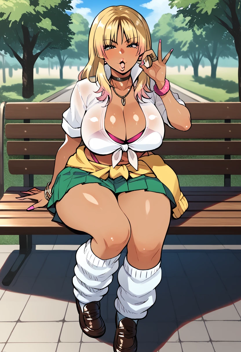 Score_9, score_8_up, score_7_up, score_6_up, source_anime, (kiryukin_satsuki), gyaru, slutty_clothes, sitting on bench, knee up, cowboy shot, fellatio gesture, heart, 1girl, solo, looking at viewer, blush, parted lips, gyaru, front-tie top, pleated skirt, green skirt, white leg warmers, loose socks, loafers, clothes around waist, bracelet, curvy, voluptuous, large breasts, cleavage, midriff, outdoors, park, on bench, day, tree,