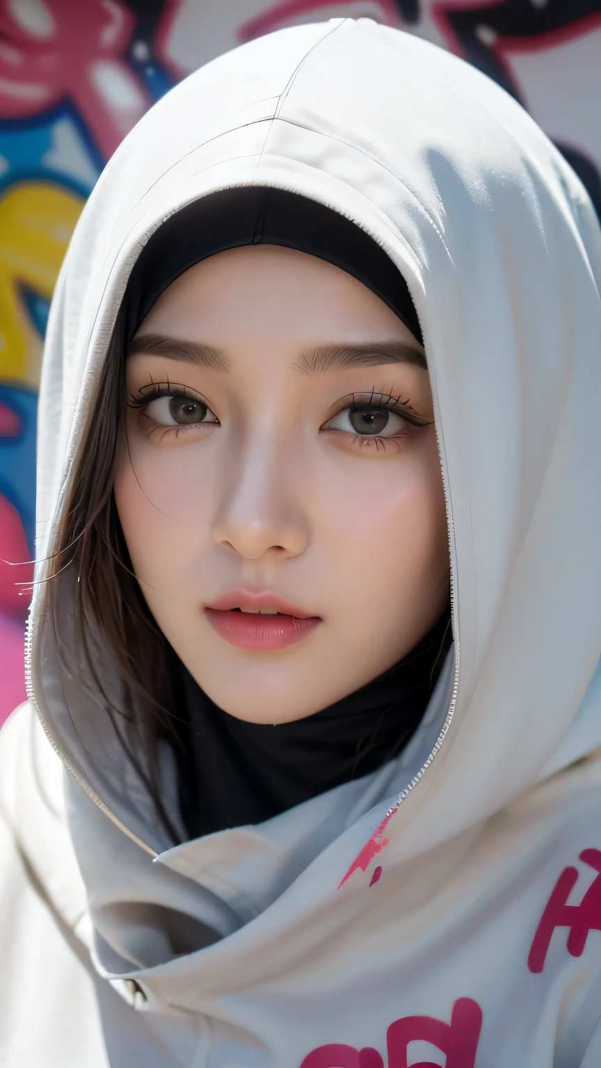 1girl, solo, pretty face, eyelashes, nose, glossy lips, (detailed eyes, looking at viewer, fair skin, white skin: 1.5), smooth skin, wearing hijab, 8k portrait of beauty in hijab, intricate, graceful, highly detailed, majestic, digital photography, hyper realistic, Masterpiece, Best Quality, All parts of the body except the face and hands are covered with clothing, Tudung, ((do not let the hair come out of the hijab)), full hijab, ((all parts of the body covered by clothes except the face)), Best Quality, (graffiti:1.5), paint splatter, jacket, On wall, paint can, looking at viewer, head slanted, clothing color palestine flag, (Wear a cyberpunk hooded military uniform), cyberpunk city