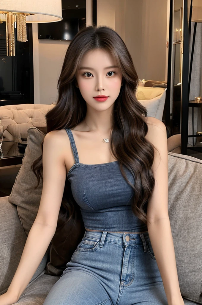 Generate an image of a stunning 20-year-old Asian woman with beauty akin to a goddess of the fire element. She has big brown eyes, dark brown hair, glowing skin, and an attractive appearance. She is wearing a beautiful top paired with blue skinny jeans. The woman is sitting sweetly on a living room sofa, her posture relaxed and inviting, surrounded by cozy and elegant decor.