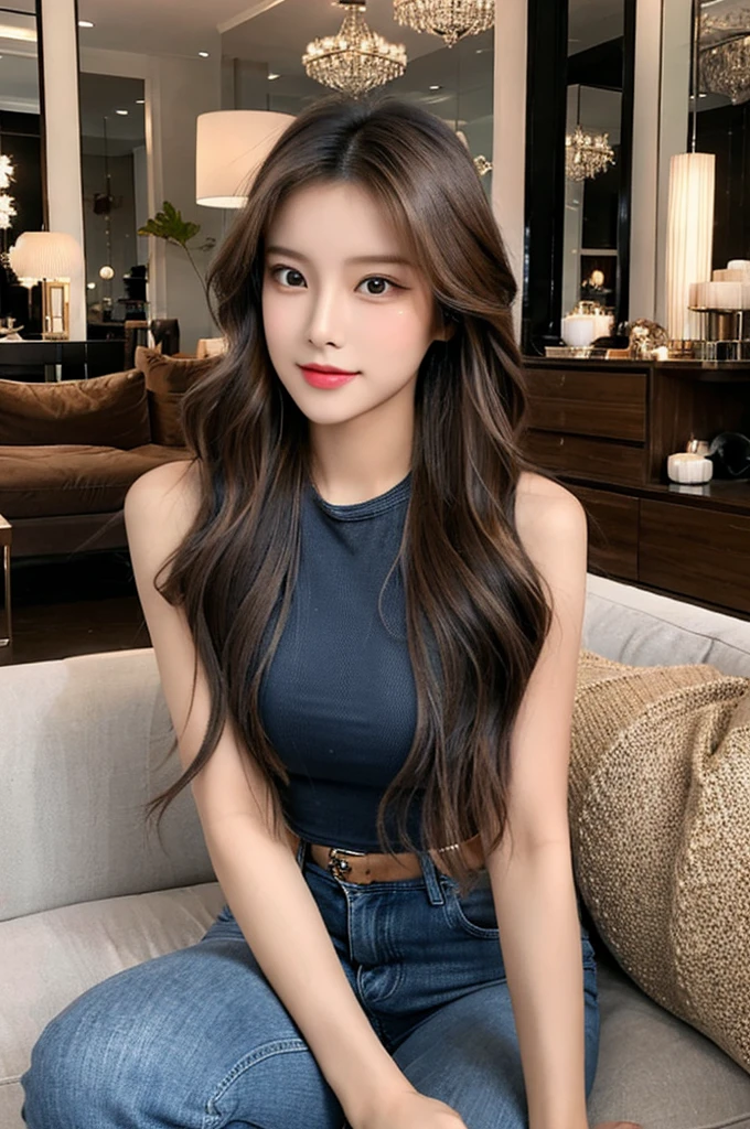 Generate an image of a stunning 20-year-old Asian woman with beauty akin to a goddess of the fire element. She has big brown eyes, dark brown hair, glowing skin, and an attractive appearance. She is wearing a beautiful top paired with blue skinny jeans. The woman is sitting sweetly on a living room sofa, her posture relaxed and inviting, surrounded by cozy and elegant decor.