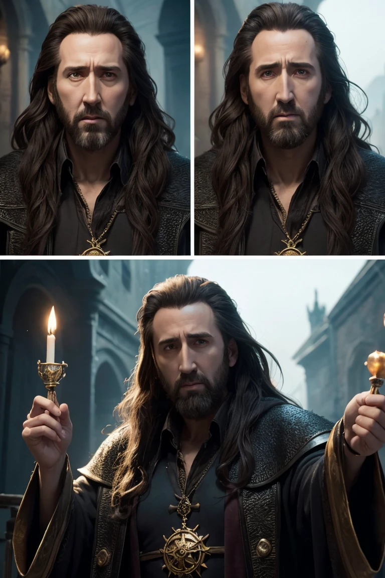 Create the image of a wizard and use references to the character Balthazar played by Nicolas Cage in Disney&#39;is the Sorcerer&#39;apprentice. 