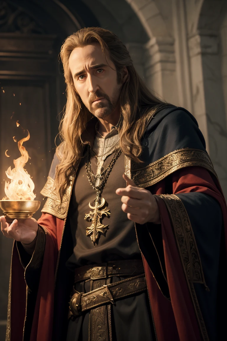 Create the image of a wizard and use references to the character Balthazar played by Nicolas Cage in Disney'is the Sorcerer'apprentice.