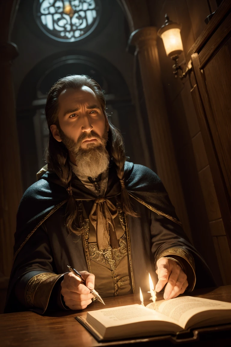 Create the image of a wizard and use references to the character Balthazar played by Nicolas Cage in Disney'is the Sorcerer'apprentice.