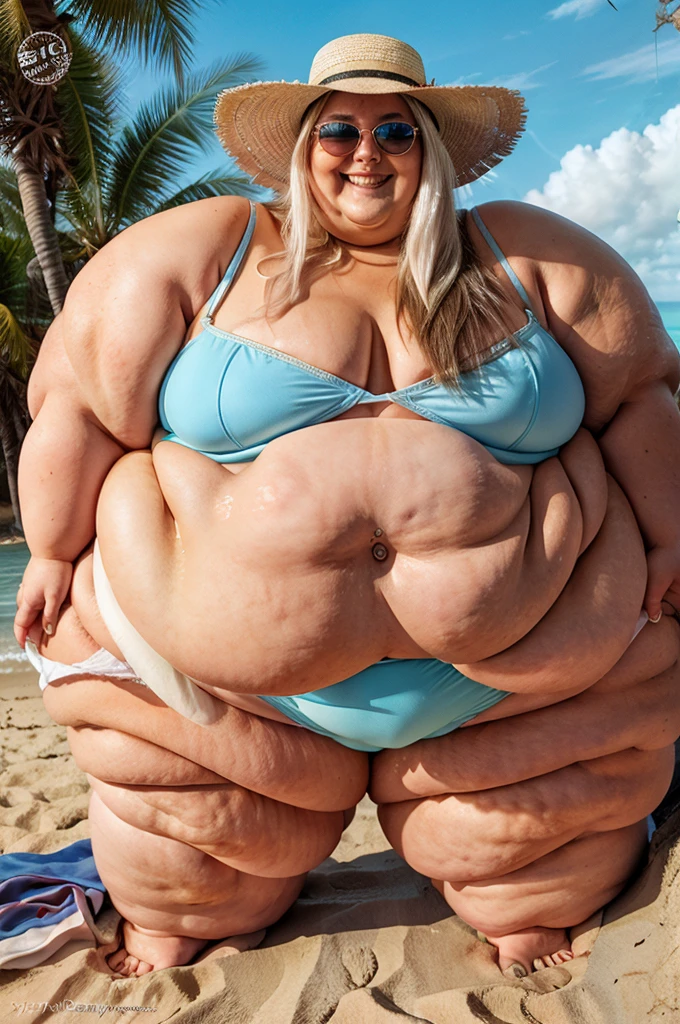 A white obese girl grinning. She has long white hair and is wearing a sun hat. She has sunglasses on which cover her eyes. She has a nose ring. She’s wearing a tight blue bikini top and blue shorts. Standing on the beach. SSBBW. 450 pounds. Masterpiece quality. Round face. Double chin.