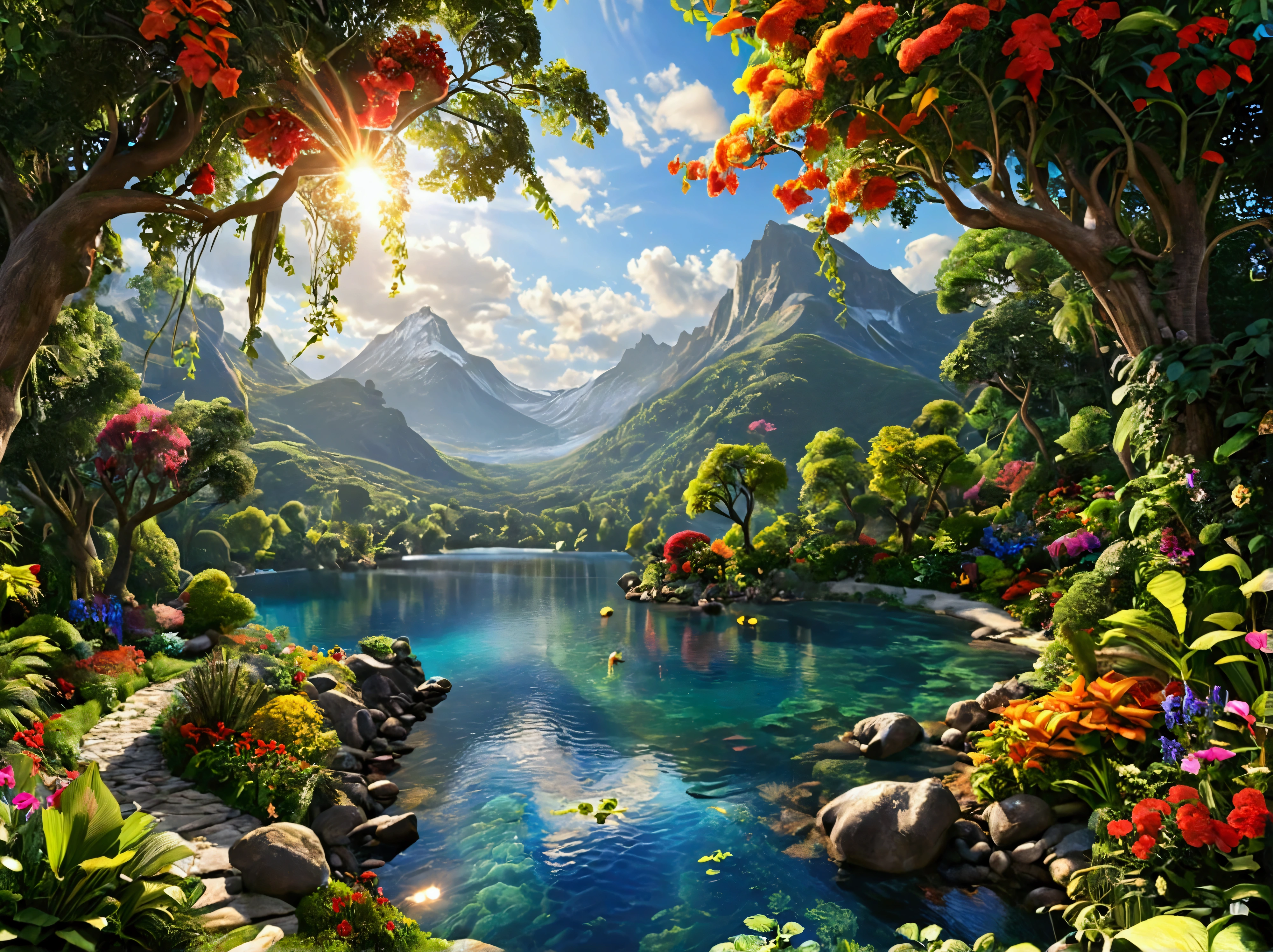 vibrant colors, The Garden of Eden, beautiful perfection, in perceivable beauty, the first place on earth, heaven on earth, eve, lake, mountains