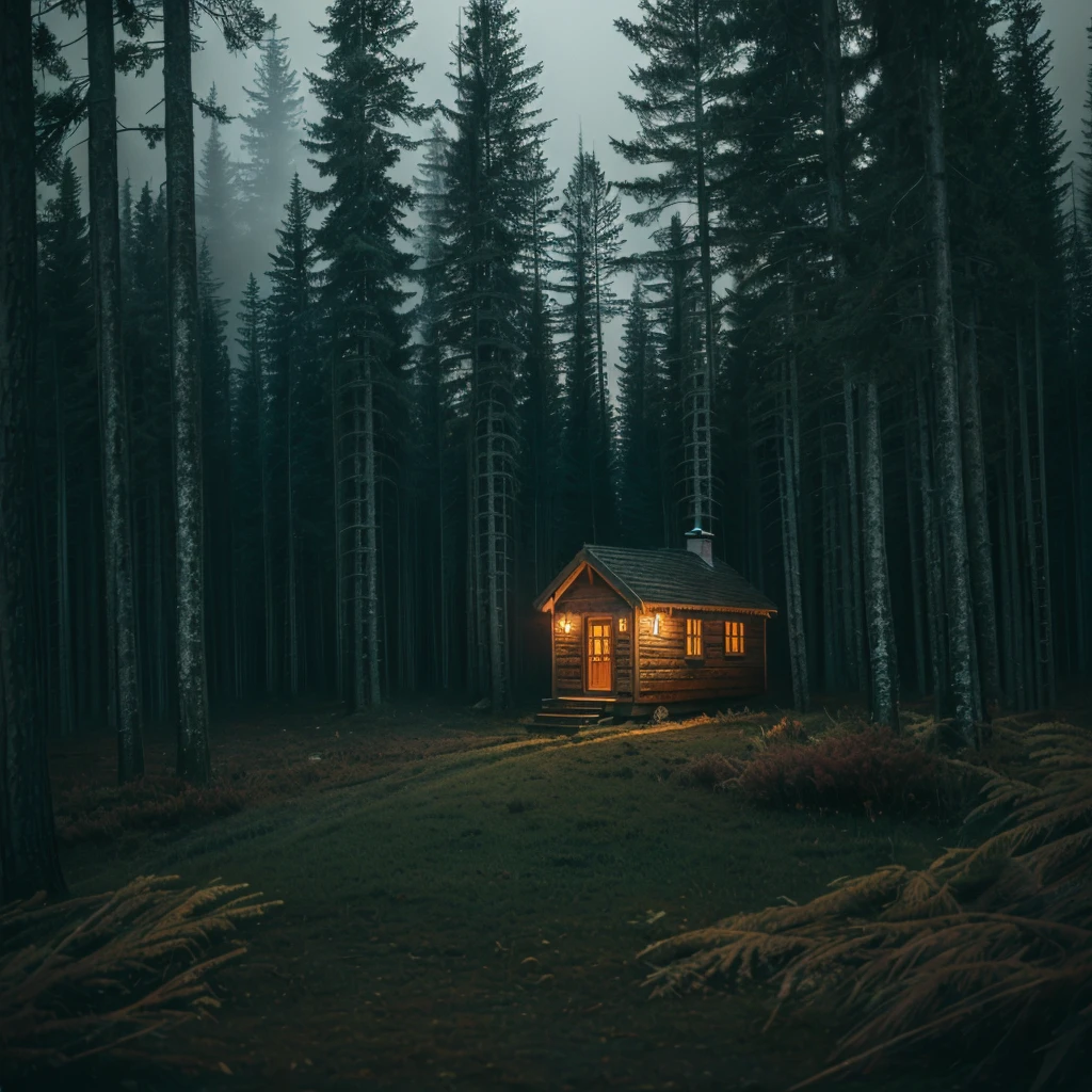 ultra-realistic small house in a dark ominous scene in the forest, dense fog in the background, dynamic angle, volumetric lighting, masterpiece, epic cinematic photo, 32k resolution