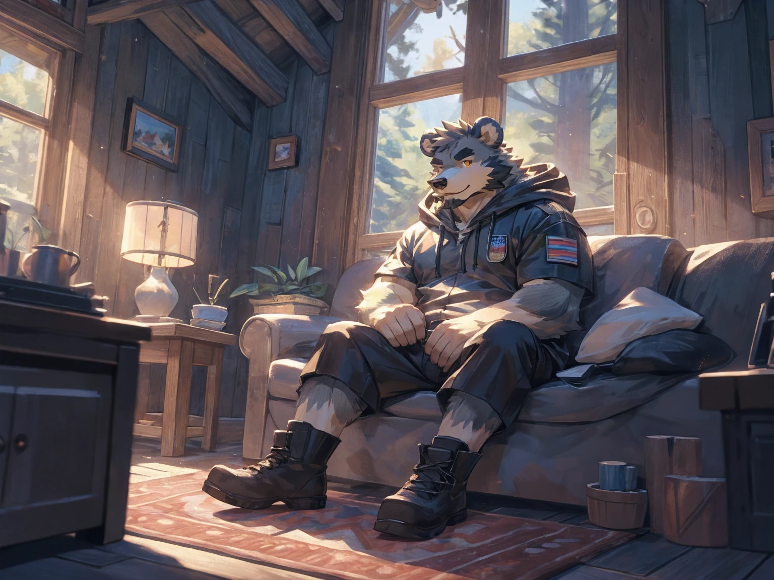 (masterpiece:1.2), best quality,pixiv,official art,perfect anatomy, (Ray tracing, light),solo, (1_male:1.3) , (muscle), (grey fur:1.4), (muscle bear), (beard:1.2), (gleaming golden eyes), bear tail, full body, Thick black eyebrows,(open hooded parka), (naked inside), (cargo shorts:1.2), boots, indoor, cabin , carpet , sitting on sofa , (lake land:1.3)