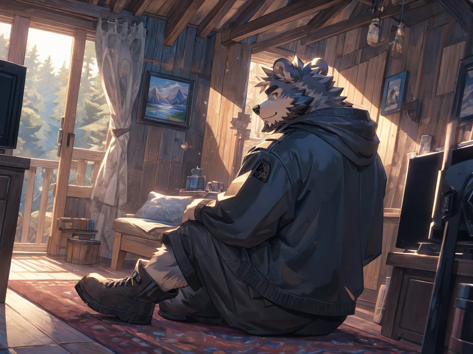 (masterpiece:1.2), best quality,pixiv,official art,perfect anatomy, (Ray tracing, light),solo, (1_male:1.3) , (muscle), (grey fur:1.4), (muscle bear), (beard:1.2), (gleaming golden eyes), bear tail, full body, Thick black eyebrows,(open hooded parka), (naked inside), (cargo shorts:1.2), boots, indoor, cabin , carpet , sitting on sofa , (lake land:1.3)