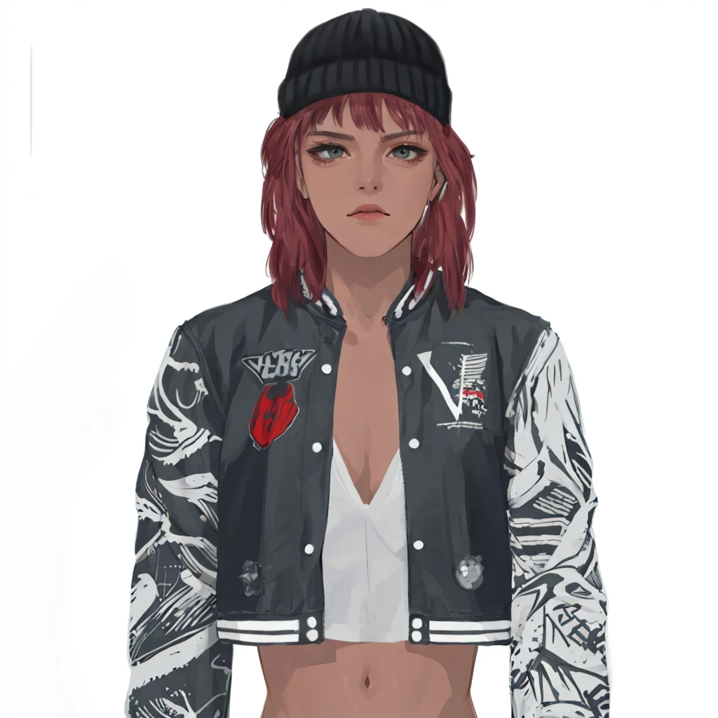 (masterpiece:1.2, best quality), (1girl, solo, upper body:1.2),flat face,Hair: buzz cut, Clothing: oversized, distressed denim jacket with patches and pins, paired with black skinny jeans and combat boots, Hanging out in an underground music venue or street art exhibit