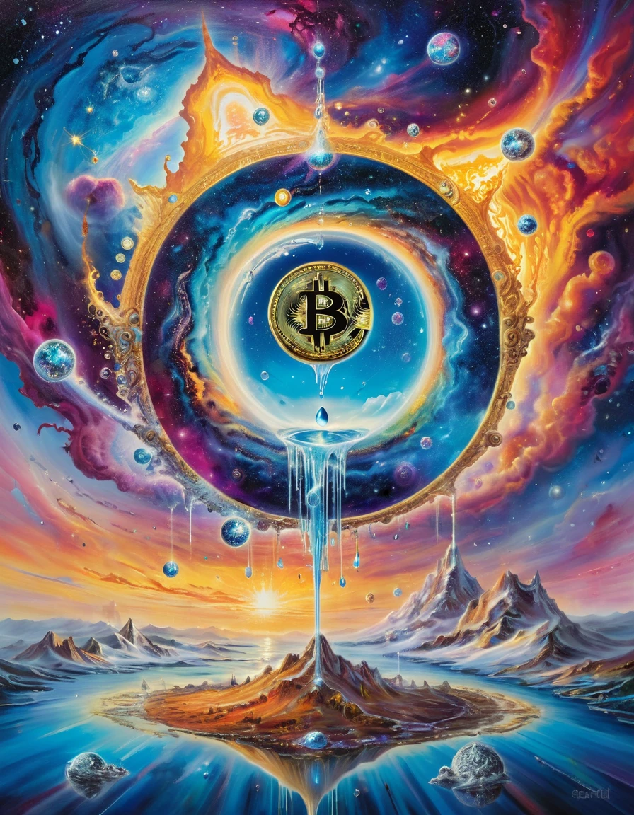Nostalgic concept art piece expressing the human condition through an incredibly creative display of a Bitcoin as a galaxy made of glass galaxy crystals, its numbers dripping like tears into a pool of time into a Salvador Dali style painting, background is nebula sunlight shining through misty atmosphere around planet, beautiful, colorful, intricate,