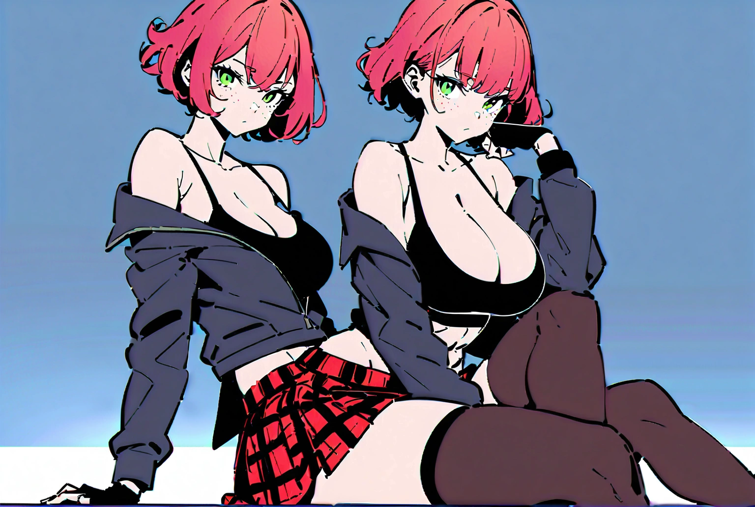 woman, curly red pixie cut hair, green eyes, wearing crop top black shirt, long black jacket, red plaid skirt, (black knee high boots), black fingerless gloves, exposed shoulders, large breasts, freckles, cleavage, abs, looking at viewer, masterpiece, best quality, sitting cross legged, flat colors