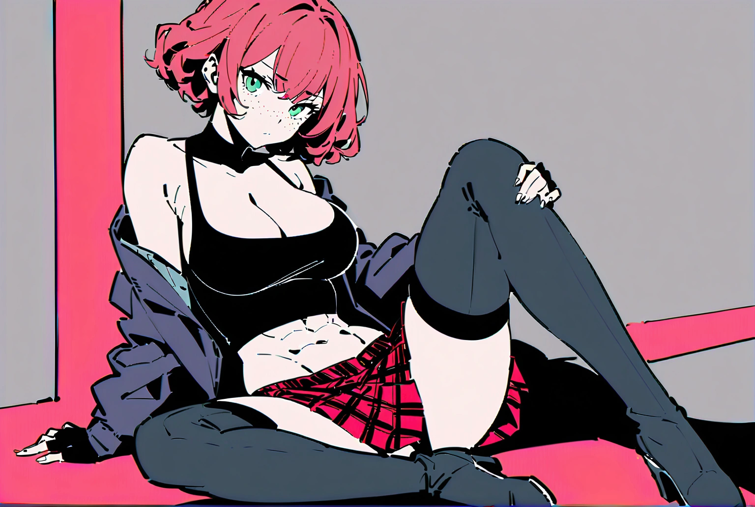 woman, curly red pixie cut hair, green eyes, wearing crop top black shirt, long black jacket, red plaid skirt, (black knee high boots), black fingerless gloves, exposed shoulders, large breasts, freckles, cleavage, abs, looking at viewer, masterpiece, best quality, sitting cross legged, flat colors