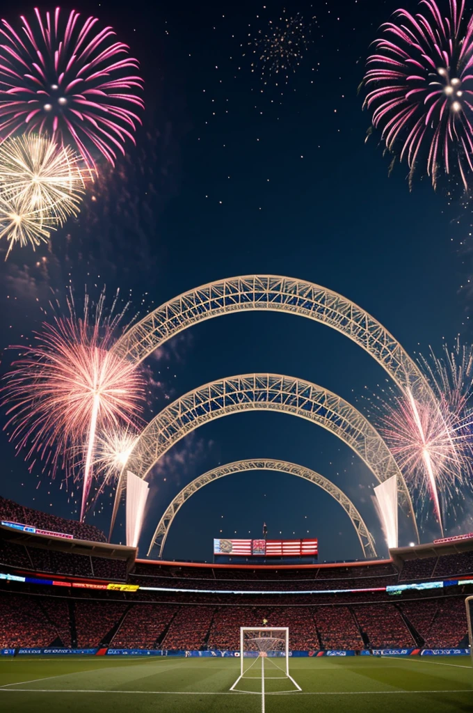Soccer arch while scoring a goal and fireworks in the sky