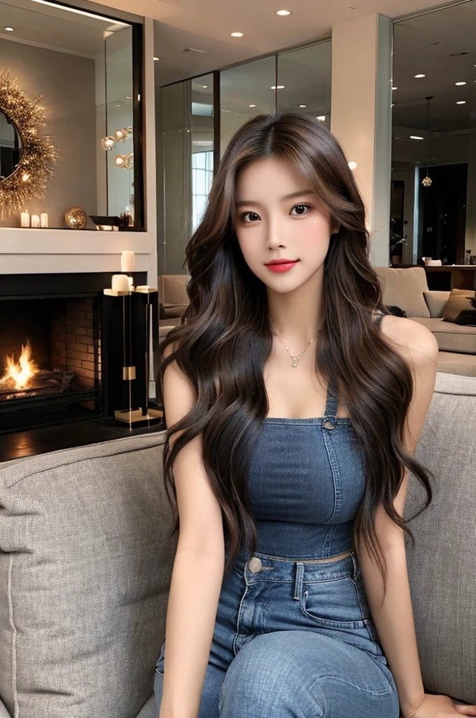 Generate an image of a stunning 20-year-old Asian woman with beauty akin to a goddess of the fire element. She has big brown eyes, dark brown hair, glowing skin, and an attractive appearance. She is wearing a beautiful top paired with blue skinny jeans. The woman is sitting sweetly on a living room sofa, her posture relaxed and inviting, surrounded by cozy and elegant decor.