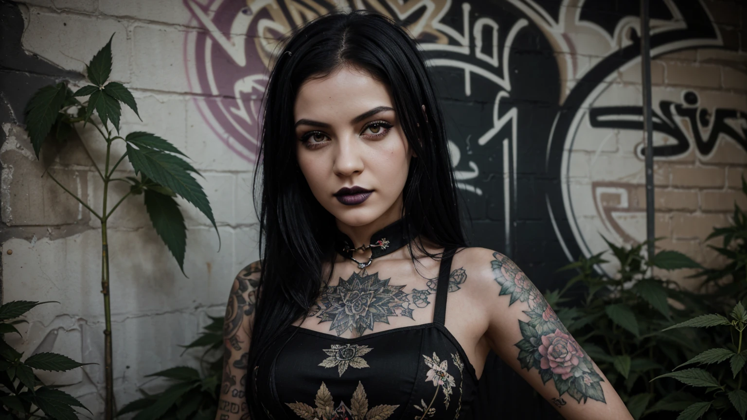 stylized artwork of soft filter. grunge filter. photorealistic. 8k. cinematic, very high resolution. maximum resolution. ultra realistic. unique beautiful face, realistic face, retro goth grunge photo ascetic. grunge city graffiti wall, sexy, tattooed, black hair, cute sexy goth girl, in marijuana plants buds crop, skimpy cheongsam