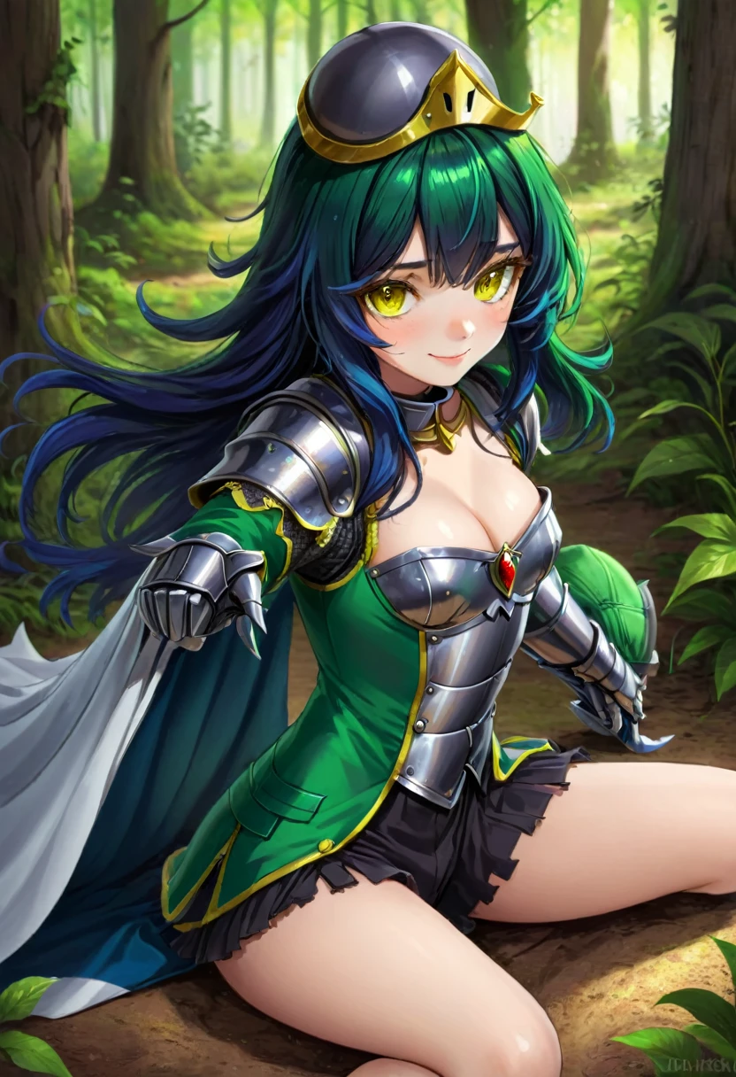 A forest landscape with many shades of green and yellow highlights, a woman with dark brown eyes, medium-long black hair with a fringe, half black, half blue, and blue locks from the fringe to the lock, with a white pointed cap and a long colored suit. green and a white wand in his hands , very happy with a medieval tone realistic cartoon style .and behind in the background a suit of armor sitting and disarmed on the ground lying