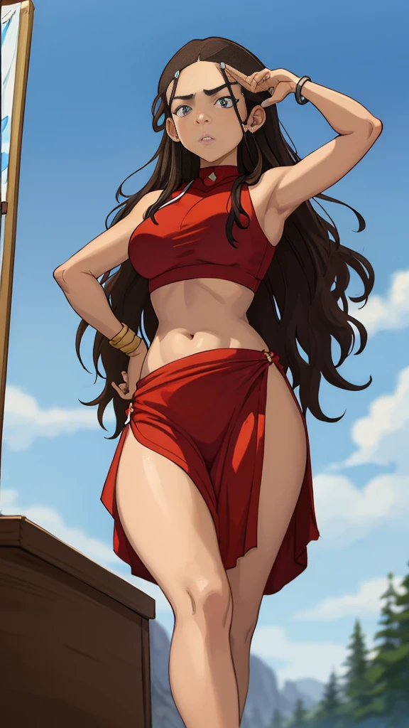 Azula. dark brown hair,very long hair,midriff . cold brown eyes. dark skin. small . skinny. choker. Black short dress. dancer