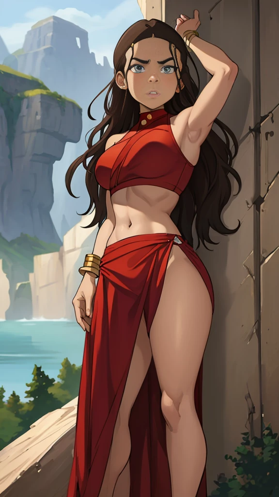 masterpiece, best quality, highres, highest quality, absurdres, kataras3, dark skin, traditional media, (painting \(medium\)), bracelet, long hair, brown hair, crop top, midriff, navel, sharp expressive eyes, perfect face, wide hips, thick lineart, atmospheric lighting, smooth, beautifully detailed riverbank background, cinematic composition, Joe Madureira, red clothing,