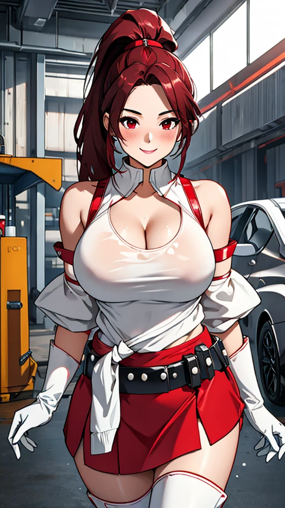 18 year old girl，，dark red hair，Ponytail hairstyle，Zhangzui smile，Huge breasts，Cleavage，Transparent red sleeveless top，Leave space in the middle to reveal Cleavage，Soaked all over，blush，Red eyes，female spy，red miniskirt，White gloves，White hand sleeves，White boots，Science fiction，future，Inside the robot warehouse，robot driver，He has a pistol hanging from his waist，lipstick，Nipple showing，Metal belt around waist