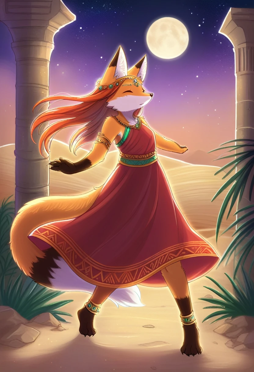 ((Masterpiece)), ((Best Quality)), (Very Detailed), ((Very Detailed)), 4K, (8K), very aesthetic, absurdres highres, 1girl, (anthropomorphic fox, furry, kemono:1.8), Princess of the desert country, Princess, desert, red dress, embroidery, tiara, jewelry, starry sky, dune, oasis, palm tree, adventure pose, energetic movement, sand reflection, star shine, hawk, sandstorm, desert serpent, full moon, ancient times ruins, silk texture, arm bracelet, ankle bracelet