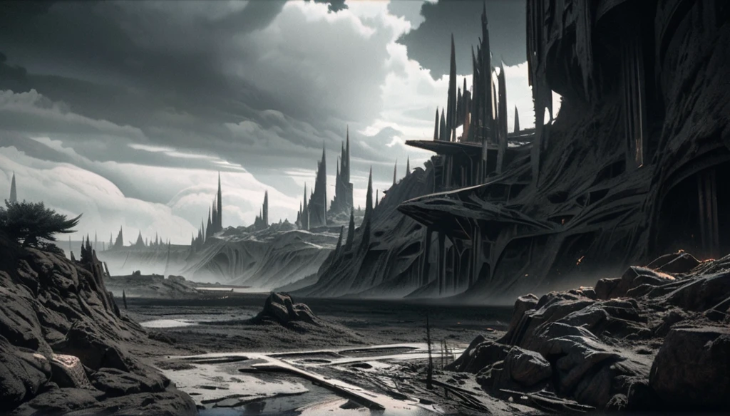 a detailed fantasy landscape, a ruined and devastated world, dark and apocalyptic, millions of deep cuts and slashes across the terrain, shattered ground, scorched earth, dark skies, ominous clouds, surreal and unsettling atmosphere, highly detailed, 8K, photorealistic, cinematic lighting, dramatic shadows, muted color palette, desaturated tones, dystopian, sci-fi, digital art