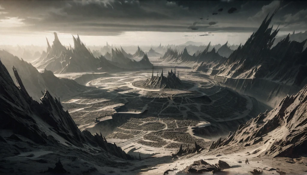 a detailed fantasy landscape, a ruined and devastated world, dark and apocalyptic, millions of deep cuts and slashes across the terrain, shattered ground, scorched earth, dark skies, ominous clouds, surreal and unsettling atmosphere, highly detailed, 8K, photorealistic, cinematic lighting, dramatic shadows, muted color palette, desaturated tones, dystopian, sci-fi, digital art