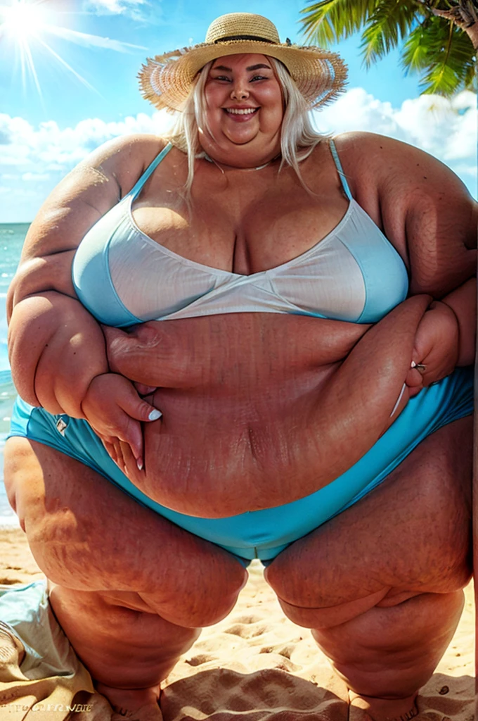 A white obese girl grinning. She has long white hair and is wearing a sun hat. She has sunglasses on which cover her eyes. She has a nose ring. She’s wearing a tight blue ?????? top and blue shorts. Standing on the beach. SSBBW. 450 pounds. Masterpiece quality. Round face. Double chin.