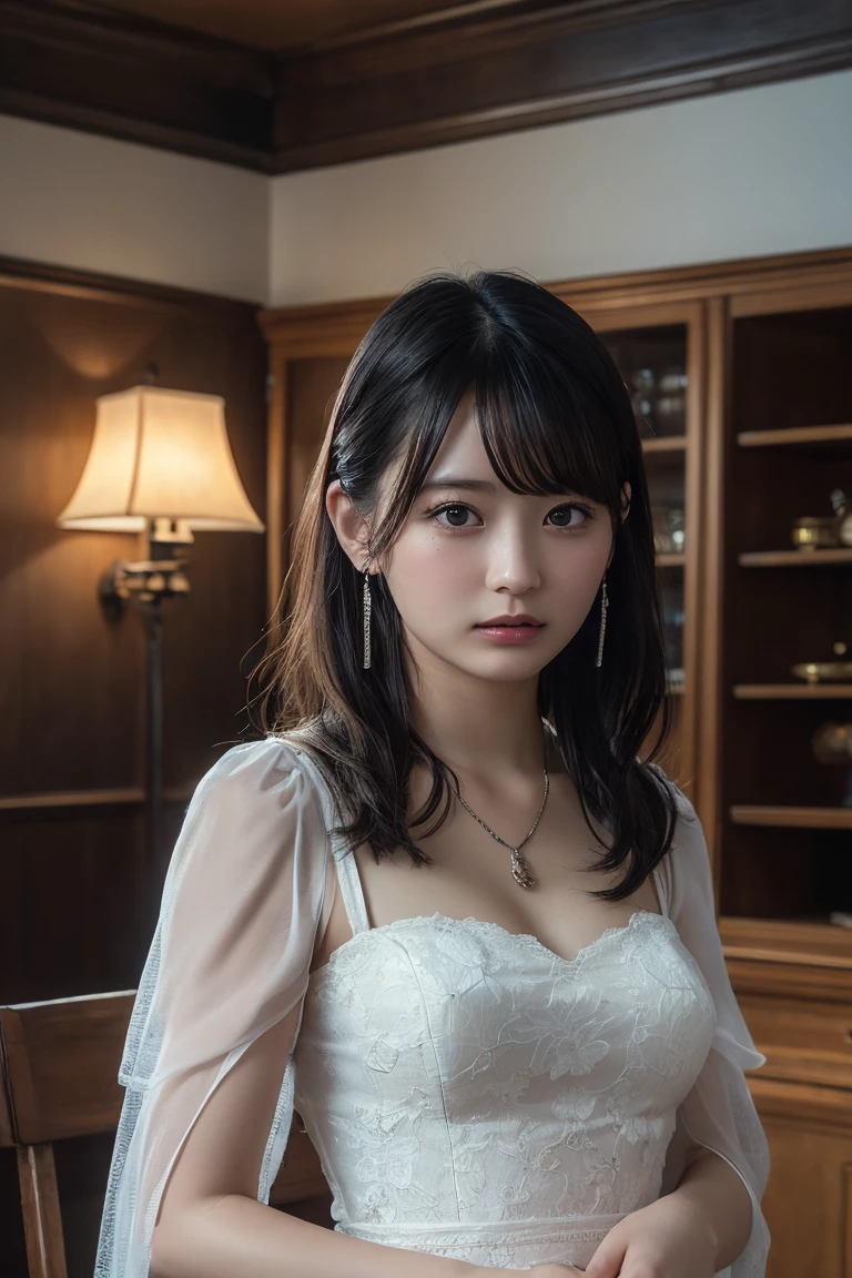 (Highest quality:1.4)，(masterpiece:1.4)，(Realistic:1.4)，(Realistic:1.2)，(超High resolution， RAW Photos:1.4)，(High resolution， Ultra-detailed:1.2)，(8K:1.2)，View your viewers，Cinematic photography，One girl，skeletally correct，Black-haired woman，(Small earrings，necklace，lace party dresses，Charcoal brown long dress，Beautiful body lines，View from the front)，（Western-style building interior，Dimly lit room，The lamplight shines on my cheeks）
