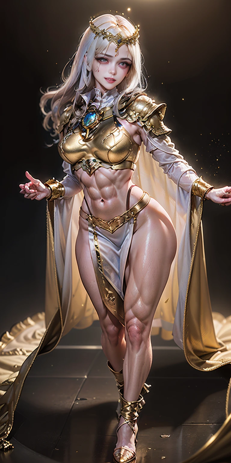 Solo Female:
Body:
Tall and slim with an hourglass figure
Toned and muscular physique
Slender abs
Perfect anatomy
Attire:
White thigh-high lingerie
Golden breastplate
Golden cape
Gold gauntlets
Gold crown
High heels (feet together)
Face:
Detailed with defined cheekbones and puffy lips
Shadowed eyes gazing at the viewer
Lustful, smirking smile with blushed red cheeks
Overall:
Masterpiece depiction