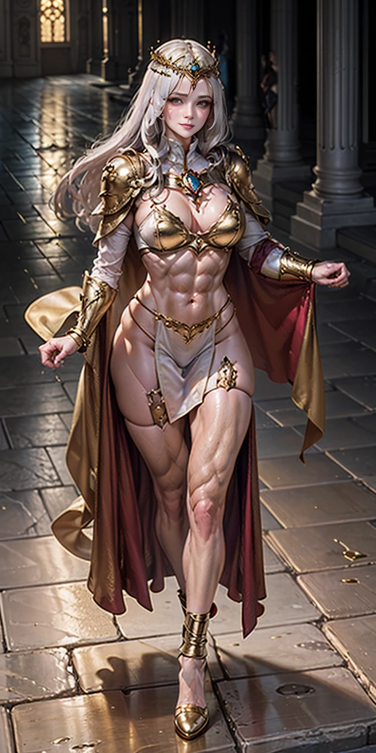Solo Female:
Body:
Tall and slim with an hourglass figure
Toned and muscular physique
Slender abs
Perfect anatomy
Attire:
White thigh-high lingerie
Golden breastplate
Golden cape
Gold gauntlets
Gold crown
High heels (feet together)
Face:
Detailed with defined cheekbones and puffy lips
Shadowed eyes gazing at the viewer
Lustful, smirking smile with blushed red cheeks
Overall:
Masterpiece depiction